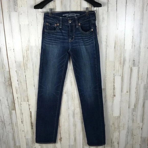 AEO Dark Wash Distressed Skinny Denim Jeans Blue - Picture 1 of 4
